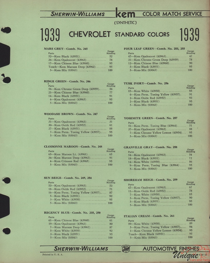 1939 Chev Paint Charts Williams 3